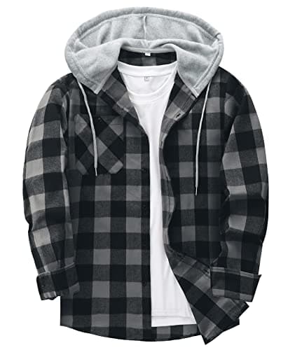 Image of JACKETOWN Men's Plaid Shirts Casual Sweatshirt Hoodie Long Sleeve Shirt with Pocket Button Down Checked Shirt Flannel Regular Fit 4 Seasons Lumberjack Shirts White