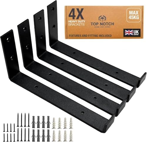 Image of Top Notch Home and Living Set of Slim Shelf Brackets Heavy Duty, Metal Wall Brackets for Shelves, Scaffold Board Shelf Brackets, Strong Shelving Brackets (Black, Pack of 4 Up Brackets)