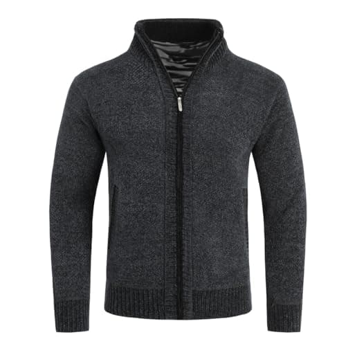 Image of Allthemen Mens Knitted Cardigan Thick Sweater Full Zip Wool Stand Collar Cardigans Coat Fleece Lined Long Sleeve Cardigan, Dark Grey, XL