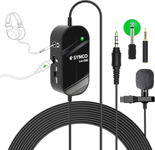 Image of SYNCO Lavalier Microphone S6M, 3.5mm Audio-Monitor Port Clip-on Condenser Mic Support USB Charging, 6M/19.7 FT Cable Noise Reduction for YouTube, Interview, Conference, Live Broadcast