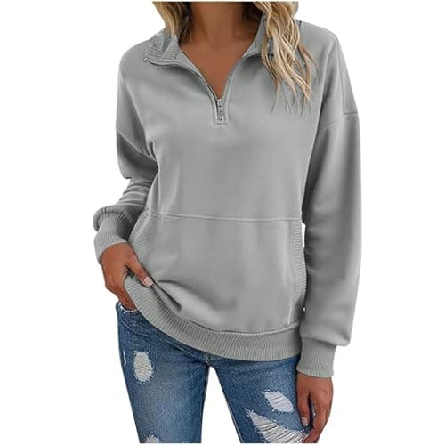 Image of Mobeur Half Zip Sweatshirt Women Long Sleeve V Neck Warm Pullover Tops Relaxed Fit Comfort Jumper Solid Color Casual Sport Hoodie Autumn Winter Trendy Sweatshirts with Pocket Gray