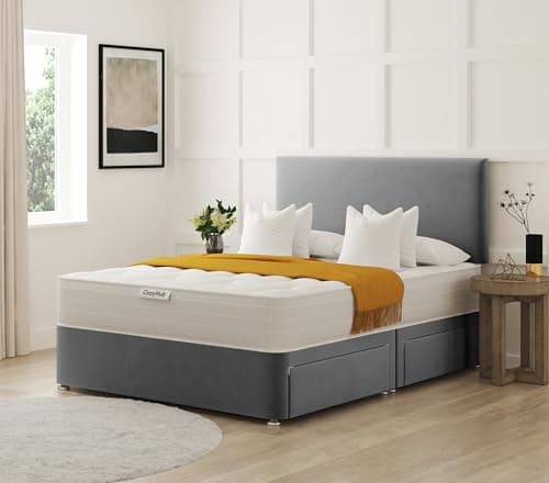 Image of COZY HUB LTD Plain Plush Velvet Divan Bed with 10 Inch Ortho Tufted Mattress & Headboard – Luxury Divan Set with Drawer Storage Options. (Grey, 4Ft6- No Drawers)