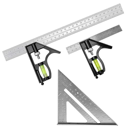 Image of Square Carpentry Metal Set, 3Pcs Combination Square Tools with Bubble Level, 150mm + 300mm + 7 Inch Multifunctional Right Angle Ruler Set Measuring Tools for Woodworking Engineers Woodworkers