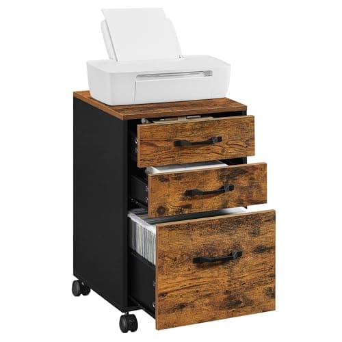 Image of VASAGLE File Cabinet with 3 Drawers, Rolling Office Filing Cabinet with Wheels, for A4, Letter Sized Documents, Hanging File Folders, Industrial, Rustic Brown and Ink Black OFC065B01