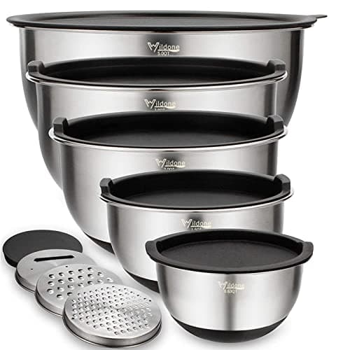 Image of Wildone Mixing Bowls Set of 5, Stainless Steel Nesting Bowls with Airtight Lids, 3 Grater Attachments, Measurement Marks & Non-Slip Bottoms, Size 5, 3, 2, 1.5, 0.63 QT, Great for Mixing & Serving