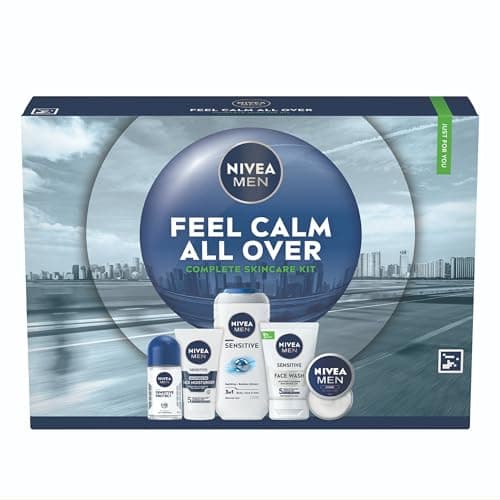 Image of NIVEA MEN Feel Calm All Over Skincare Gift Set (5 Products) - Men Gift Set for Sensitive Skin - Includes Shower Gel, Face Wash, Face Moisturiser, Creme, and Anti-Perspirant