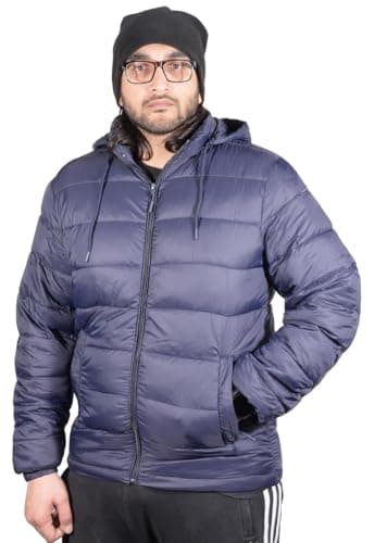 Image of True Face Men's Warm Puffer Bomber Jacket, Water-Resistant Quilted Winter Coat with Hood, Lightweight Padded Outerwear for Cold Weather - Stylish & Comfortable Insulated Top Navy S
