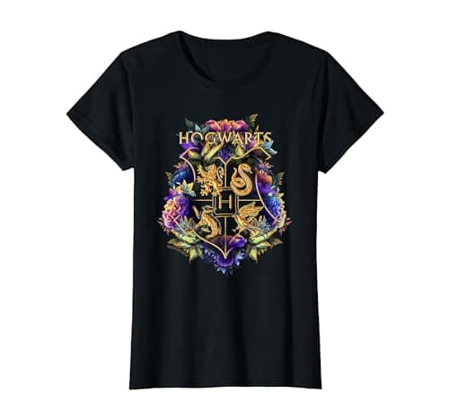 Image of Harry Potter Hogwarts Multi-Coloured Floral Crest T-Shirt, Women, Black, 3X-Large