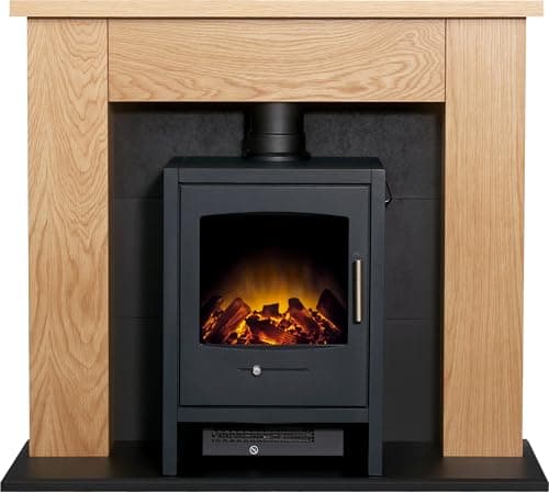 Image of Adam Chester Stove Fireplace in Oak & Black with Bergen Electric Stove in Charcoal Grey, 39 Inch