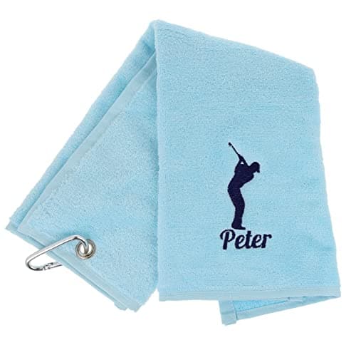 Image of Personalised Embroidered Golf Towel with Any Name Any Font Luxury Velour 50cm x 40cm Custom Embroidered Golf Towel with Carabiner Clip Gift- Golf Gifts for men and women (Light Blue)