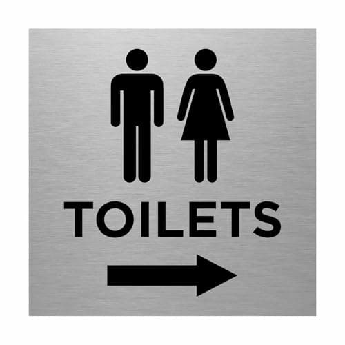 Image of Male and Female Toilets Sign with Right Arrow – 150 x 150mm – Durable 0.5mm Aluminium with Clear Text & Icon, Self-Adhesive for Easy Mounting, Professional Restroom Directional Signage (1)
