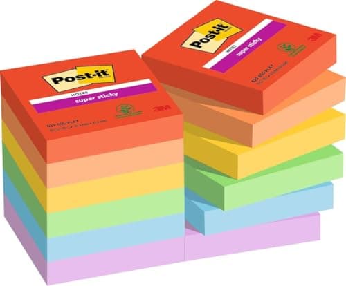 Image of Post-it Super Sticky Notes, 1080 Sheets, Value Pack of 12 Pads, 47.6 mm² - Holds Strong to Many Surfaces - Bright Colours - for Walls, Monitors and Fridge, Recycable