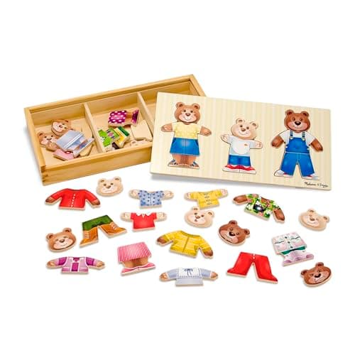 Image of Melissa & Doug Wooden Bear Family Dress-Up Puzzle With Storage Box, Puzzles, Wooden Toy, 3+, Gift for Boy or Girl,Multicolour,31.75 x 15.748 x 5.08cm