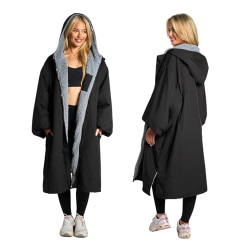 Image of OHS Changing Robe for Men & Women, Oversized Waterproof Privacy Drying Robe Coat with Pockets Fleece Lining Long Sleeve Hooded Jacket for Beach Surfing Lounging - Black, Large