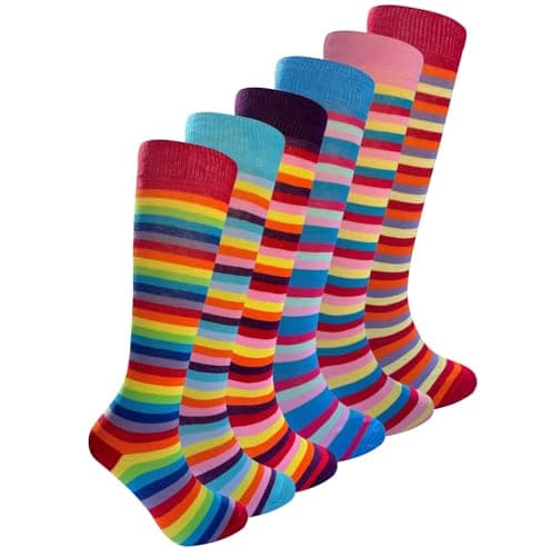 Image of Bonjour® 6 Pairs Womens ladies Girls long Cotton Knee High Socks Breathable Smooth Grip Top Socks Plain Knitted UK Size 4-8 Eu 37-42 (Fashion Stripe)