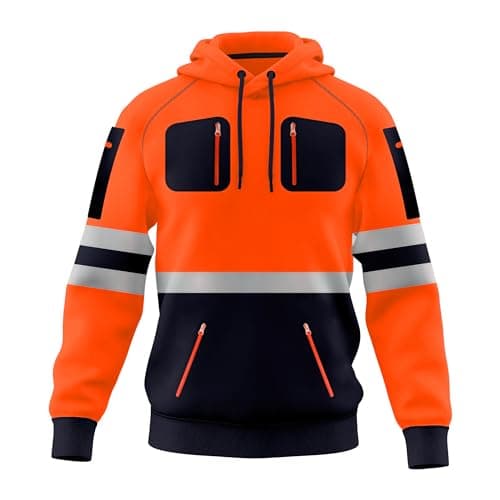 Image of TORO ACTIVA Mens Hi Vis Work Wear Pullover Hoodie Safety Sweatshirt Reflective Tape High Viz Hoodie High Visibility Sweatshirt Top Multi Zipper Pockets S-2XL