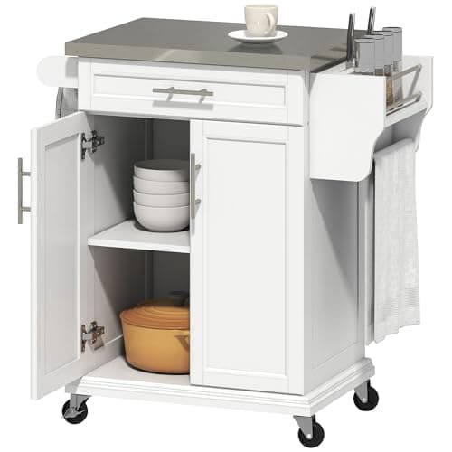Image of HOMCOM Wooden Kitchen Island on Wheels, Serving Cart Storage Trolley with Stainless Steel Top, Drawer, Side Handle and Rack, White