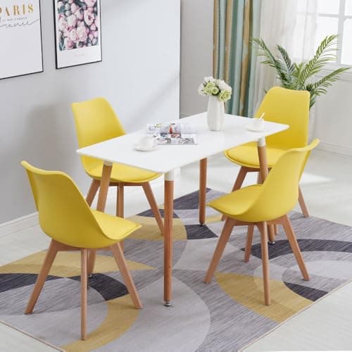 Image of HomJoy Dining Table and 4 Chairs Set, Modern Design PU Seat Lounge Chair and White Rectangular Kitchen Table with Solid Wood Legs for Kitchen Home Dining Room Apartment (Yellow * 4 + 120cm)