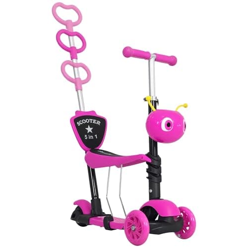 Image of HOMCOM 5 in 1 Kids Scooter 3 Wheel Toddler scooter Kick Scooter with Adjustable Handlebar, Removable Seat & Back Rest for 18 Month+, Pink