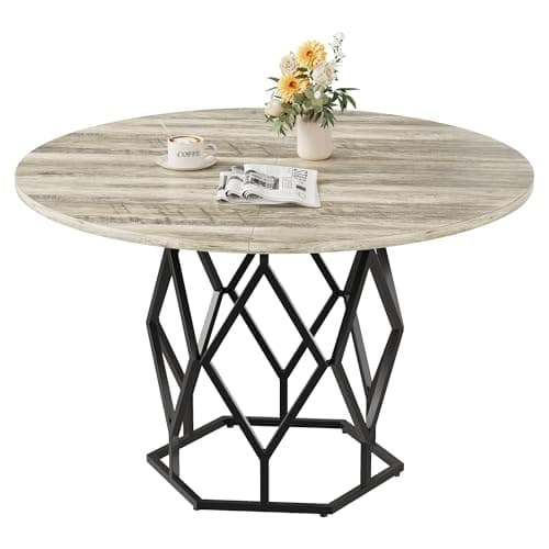 Image of Crevyteg Round Dining Table for 4-6 People, 120cm Diameter Kitchen Table with Sturdy Metal Base, 76cm Height Modern Space Saving Dinning Room Table, Easy Assembly Grey