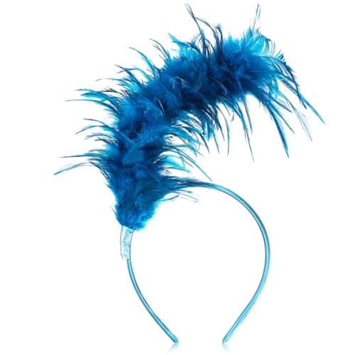 Image of Dilunave Colorful Feather Headband Fascinator Cosplay Hair Bands Carnival Party Headdress Rainbow Headband Feather Headdress Costume for Easter Day, Wedding, Halloween Party(Lake Blue)
