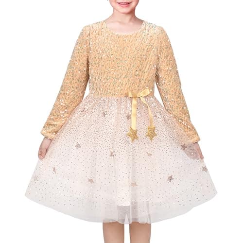 Image of Girls Dress Gold Velvet Sequin Gold Bow Star Sparkly Long Sleeve Tulle Xmas Winter Size 10 Years