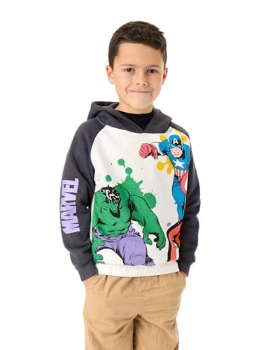 Image of Marvel Avengers Boys Hoodie | Kids Two Tone Superhero Graphic Hooded Sweatshirt in Grey | Captain America The Incredible Hulk Watercolour Comic Book Apparel | Film Movie Art Merchandise Gift