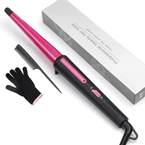 Image of Hair Curling Wand, 13-25MM Tapered Curling Iron, Professional Ceramic Hair Curler Wand with Heat-Resistant Glove, Dual Voltage (Red)