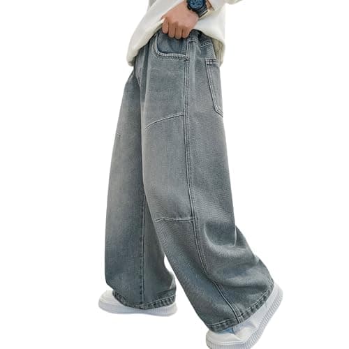 Image of Rolanko Boys Baggy Jeans Elasticated Waist Cargo Wide Leg Skater Jeans with Multipockets Vintage Streetwear Denim Pants for Kids, Light Blue, 150, 10-11 Years