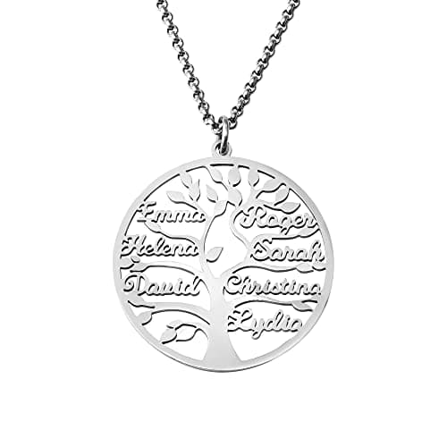 Image of BYFDIY Personalised Family Tree Necklace 1-9 Custom Names Platinum Family Tree Necklace 925 Sterling Silver Tree of Life Pendant Gift for Mom and Grandma Christmas Gift