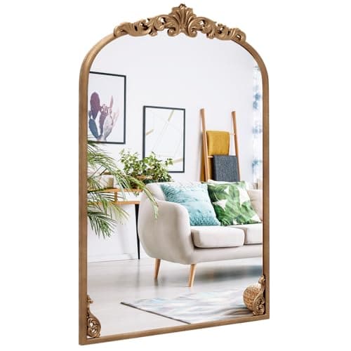 Image of Multigot Decorative Wall Mirror, Baroque Ornate Arched Makeup Mirror with Hanging Hooks, Vintage Wall Mounted Mirrors Metal Frame Vanity Mirrors for Bathroom Living Room (Antique Gold, 95 x 66cm)