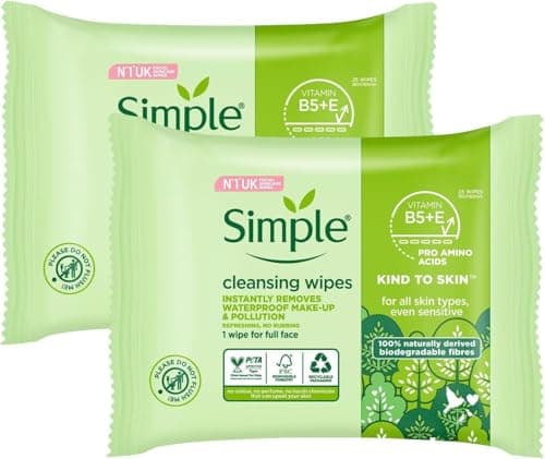 Image of Simple Kind to Skin Cleansing Wipes, Biodegradable, Pack of 2 (25 Wipes Each) – Gentle Face Cleansing Wipes for Sensitive Skin, Removes Makeup, Dirt & Impurities