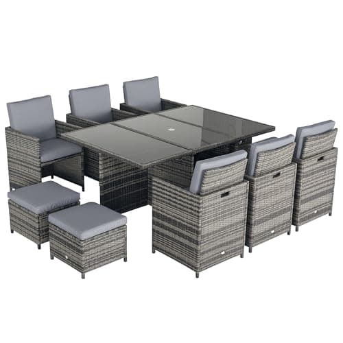 Image of Outsunny 10 Seater Rattan Cube Garden Furniture Set with Parasol Hole, Rattan Dining Set with Cushions, Outdoor Dining Table and Chairs with Rectangular Glass Top Table for Patio, Mixed Grey