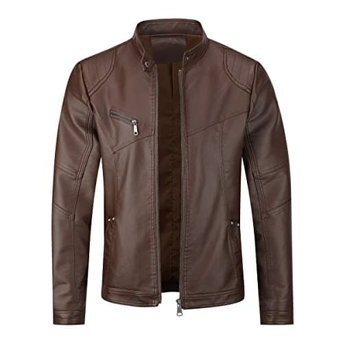 Image of Allthemen Mens Leather Jackets Casual Stand Collar Jacket Full Zipper Bomber Jacket Long Sleeve Outdoor #08 Coffee L