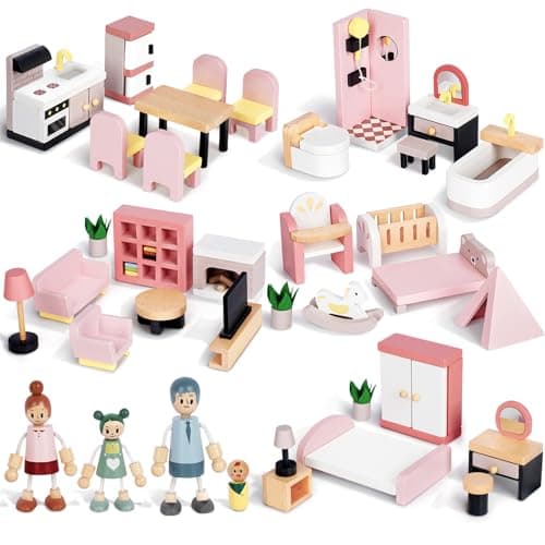 Image of Wooden Dollhouse Furniture Set with 4 Family Dolls, 36 Pcs Sanlebi Doll House Accessories and Furniture, Miniature Furniture Including 5 Room Kits, Pretend Play Toy Gift for Boys Girls Toddler 3+