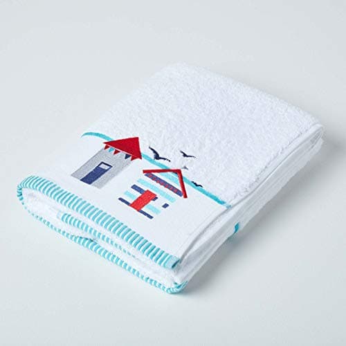 Image of HOMESCAPES Beach Hut Embroidered Bath Towel Blue, Red & White Seaside Patterned Large Towel 100% Cotton 550 GSM Super Absorbent Fluffy Holiday Beach Towel for Pool or Gym