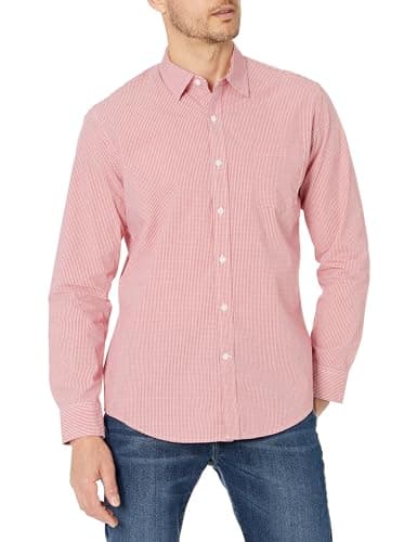 Image of Amazon Essentials Men's Regular-Fit Long-Sleeve Casual Poplin Shirt, Red Gingham, L