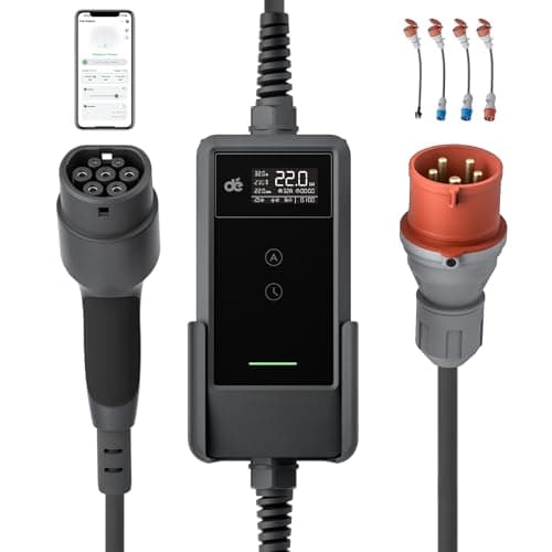 Image of dé EV Charger CEE 22kW [7m, 3-phase, 6-32A] with Complete Adapter Set, Wallbox 22kW with Type 2 Charging Cable and Digital LCD Control for ID.3/4/5, Model 3/Y, EX30, IX1, Q3/4/5 and Other EV & PHEV
