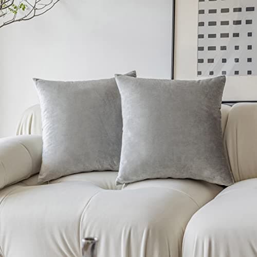 Image of Demetex Grey Cushion Covers 45 x 45 Square Velvet Cushion Cases Soft Plush Cushion for Sofa Bedroom Bench Chair, Set of 2, 45x45 cm, Silver