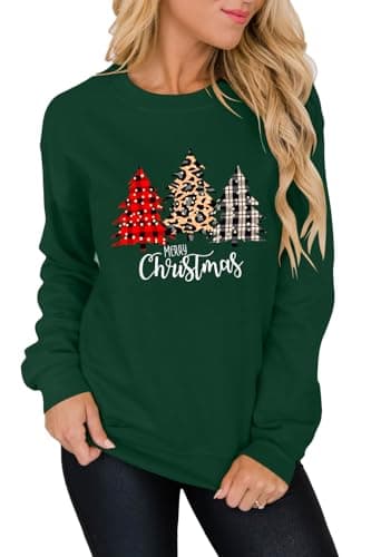 Image of INFITTY Women's Christmas Tops Long Sleeve Crewneck Shirts Tunic Knit Oversized Pullover Sweater Dark Green M