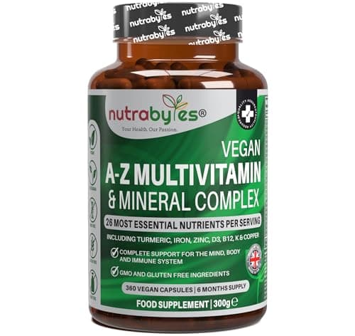 Image of Nutrabytes Vegan A-Z Multivitamin & Mineral Complex, 360 Capsules | 26 Essential Vitamins & Minerals Plant Based Supplement with Turmeric, Iron, Folic Acid and Zinc | 6 Months | UK Made