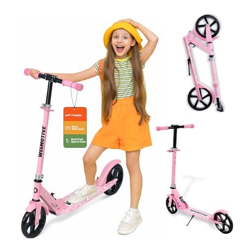 Image of Kick Scooter for Kids Ages 6+, Teens & Adults, Adjustable Handlebars, Rear Brake, Big Wheel Foldable Scooter for Indoor & Outdoor (Pink)