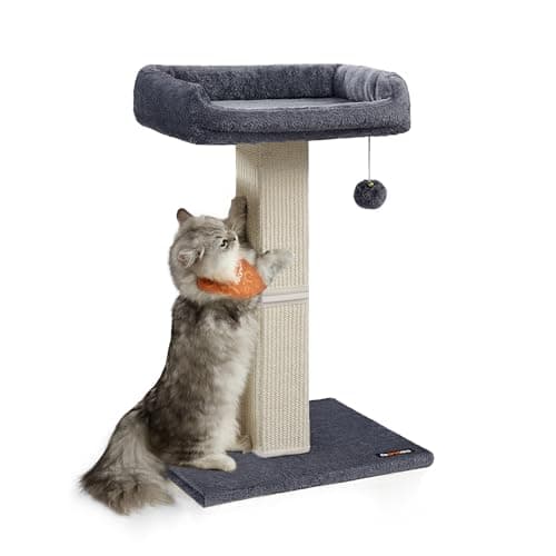 Image of Feandrea Cat Scratching Post, Cat Scratcher with 40 x 30 cm Plush Perch, Cat Tree, 71 cm Tall Scratch Post with Woven Sisal, 45 x 40 cm Base, Pompom, Dark Grey