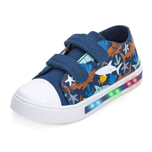 Image of Boys Girls Light Up Trainers Toddler Canvas Shoes Kids Easy Fasten Walking Shoes with Hook and Loops Shark Size 8