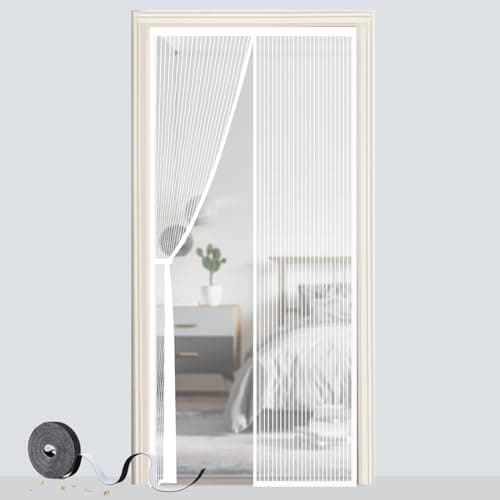 Image of Magnetic Door Screen, SMALUCK Heavy Duty Fly Door Screen Mesh with Powerful Magnets, Durable Mesh Curtains Keeps Bugs Out, Frame Hook & Loop, Kid and Pet Friendly (90 x 210 cm, White)