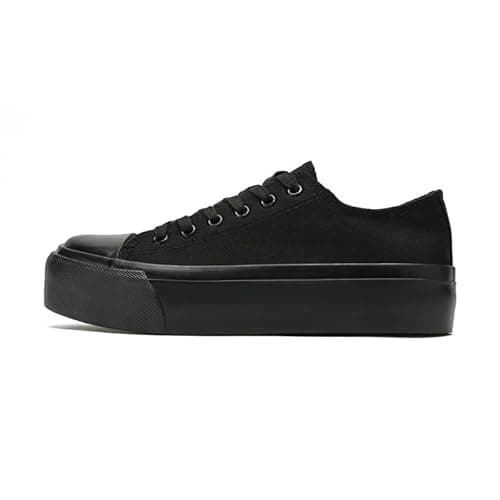 Image of Ladies Fashion Platform Trainers Women’s Platform Low Top Lace Up Canvas Shoes Pumps Plimsolls Outdoor Tennis Walking Shoes All Black