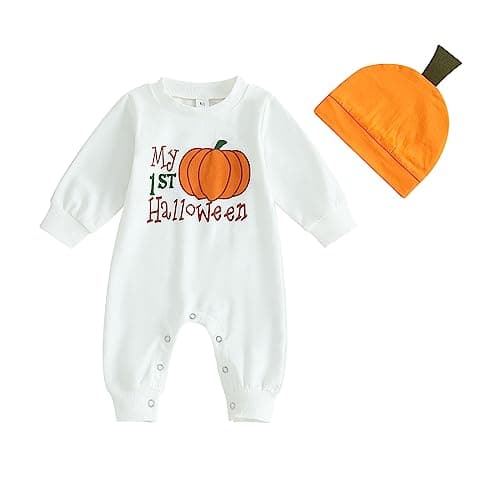 Image of Baby Girls Boys Halloween Rompers Pumpkin Letter Print Long Sleeve Bodysuits Onesie My First Halloween Outfit (White, 3-6 Months)