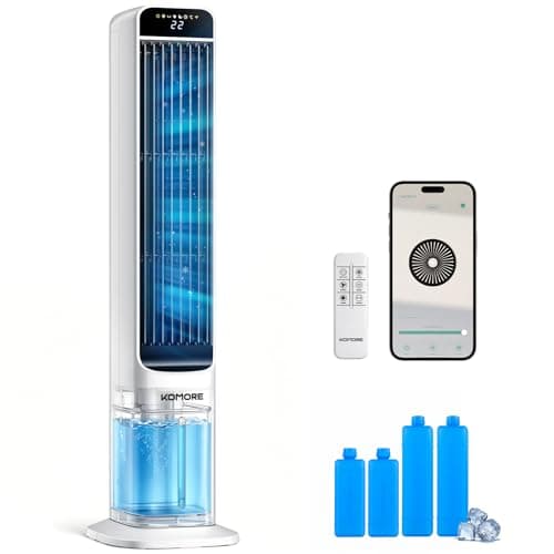 Image of KOMORE 3-IN-1 Evaporative Air Cooler, 5L Tower Cooling Fan with 3 Modes&3 Speeds, 70°Oscillation, 12H Timer, 4 Ice Packs Air Cooler with APP Control, Digital Display, Portable for Bedroom,Home&Office