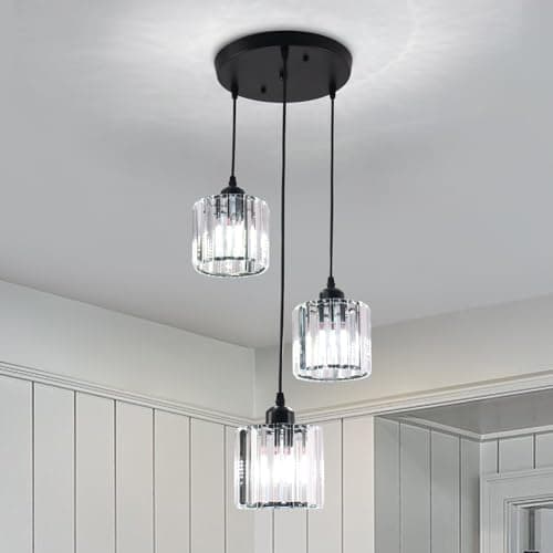Image of Modern Crystal Chandelier Round Ceiling Pendant Lights, Height Adjustable Crystal Hanging Light Fixtures for Kitchen Island, Chandeliers for Dining Room,Foyer,Living Room Entryway Black (3 Lights)