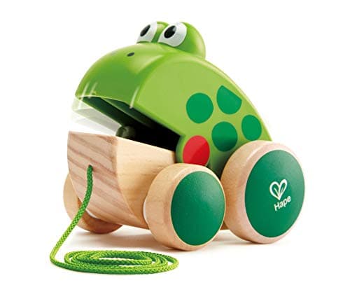 Image of Hape Frog Pull Along | Wooden Frog Fly-Eating Pull Toddler Toy, Bright Colours